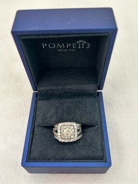 Pompeii 3 Ct Diamond Engagement Wedding Double Cushion Halo Trio Ring Set 10k WG